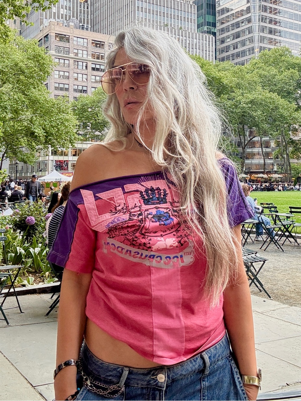 Diesel Pink and Purple Off-Shoulder Graphic Top
